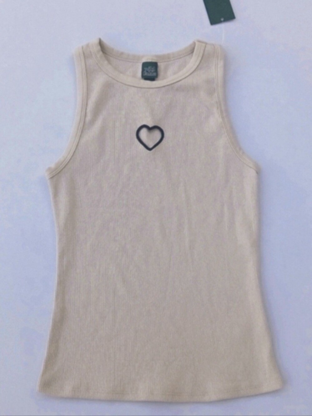Ribbed Tank Top with Heart Cut Out Cream XS or Small NWT